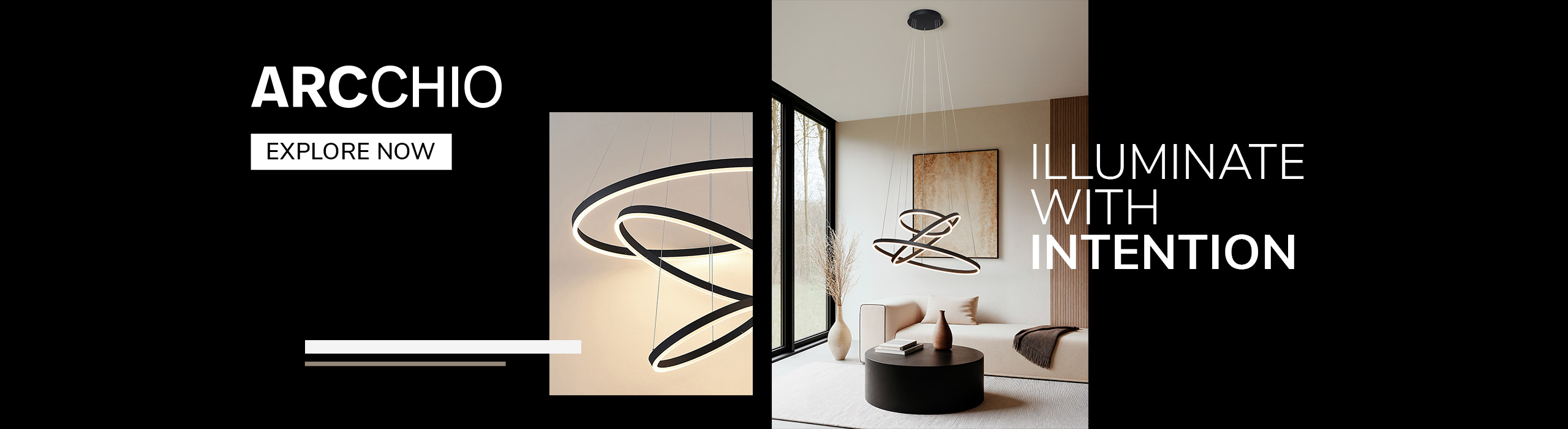 "Modern Arcchio pendant light with sculptural ring design illuminating a minimalist living room, featuring text ‘Illuminate with Intention’ and ‘Explore Now’.