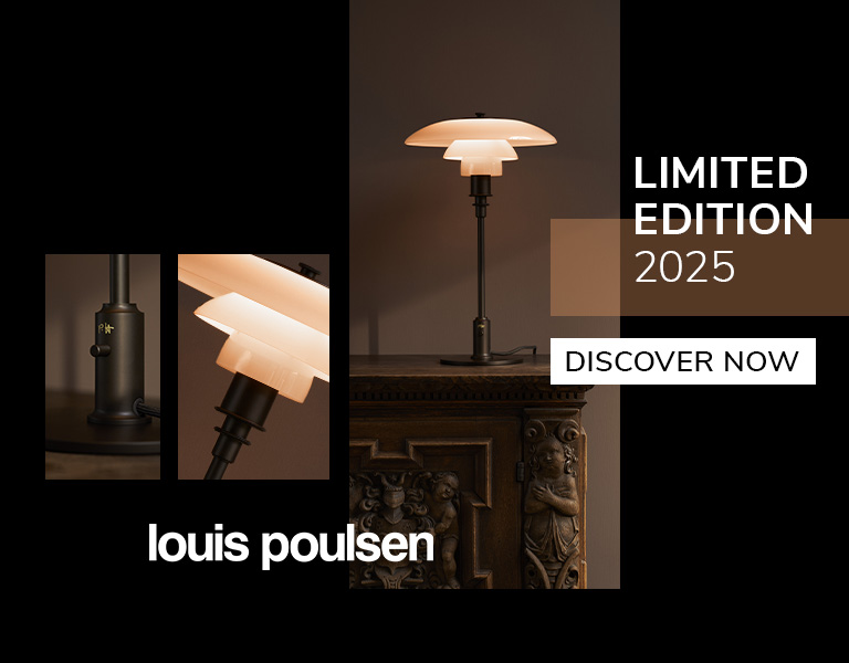 Warm-toned interior showcasing a Louis Poulsen table lamp on a carved wooden cabinet, promoting the 2025 limited edition lighting collection